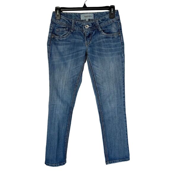 Rewind Jrs SZ 0 Skinny Jeans Low-Rise Stretch Pockets Zip-Fly Whiskered Blue - Picture 1 of 10
